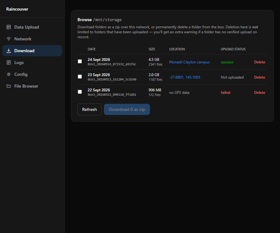 The Download page: session list with per-folder download and delete