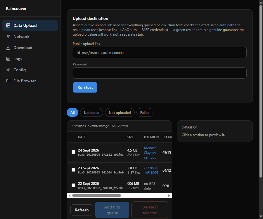 The Upload page: destination fields, connectivity test, and the session list